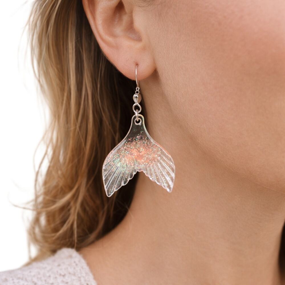 Mermaid Tail Earrings Iridescent Pink Glitter Resin Dangle